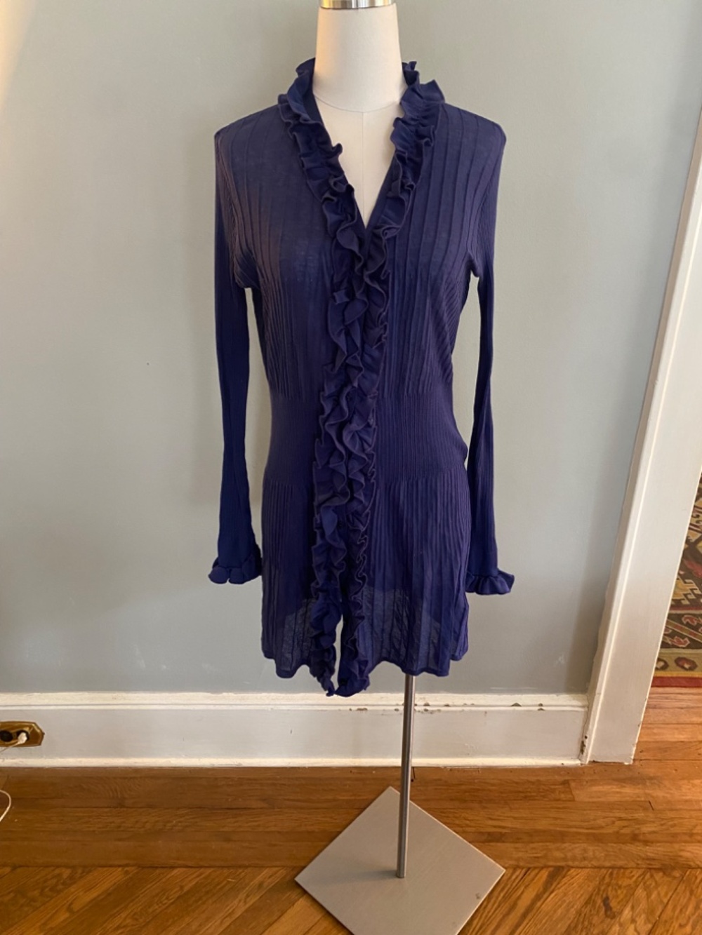 Anne Fontaine Mialee Parisian Blue Long Sleeve Button Down Ruffle Cardigan